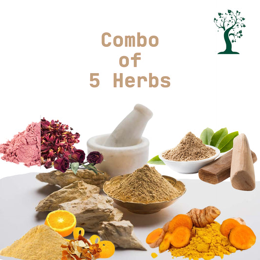 DIY FACE PACK / MASK by ETHERIC (Combo Pack of Sandal ,Rose Petal, Orange Peel , Kasturi Turmeric & Multani Mitti Powder -(5x75 Grams)