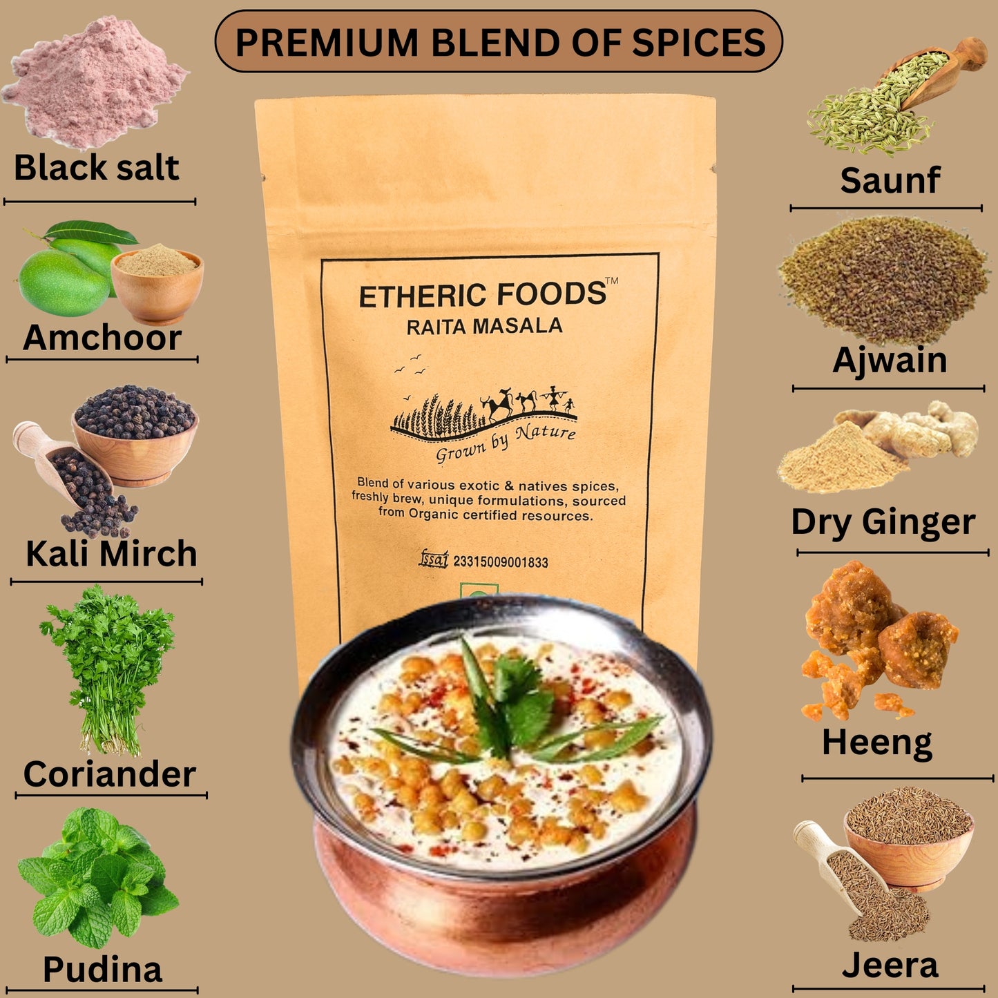 Etheric Foods Organic Raita / Dahi Bhalla Masala – Jeera Infused Traditional Seasoning Blend (100 gm)