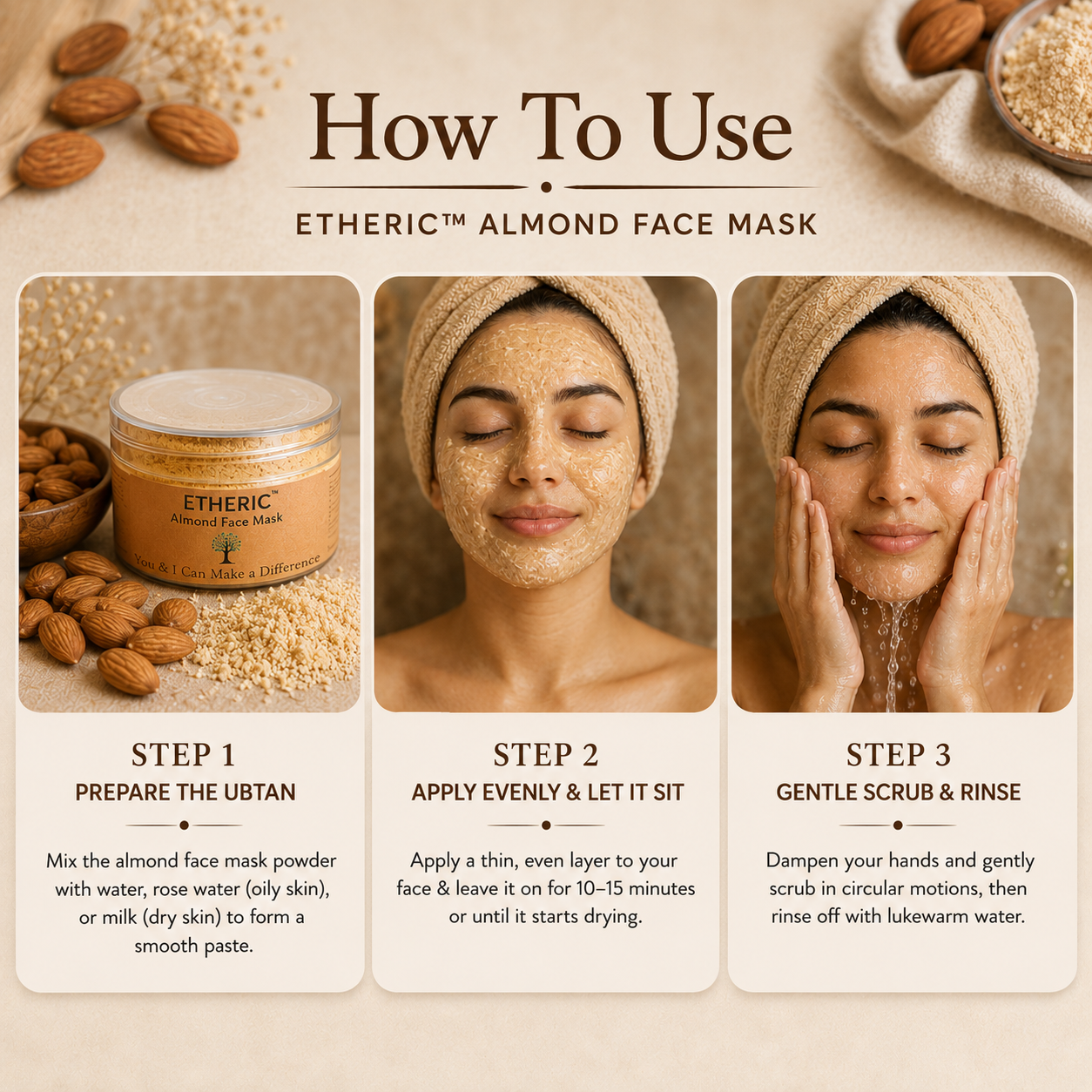 ETHERIC Almond Face Mask Powder | Natural Herbal Face pack for Glowing Skin | Skin Brightening, Tan Removal & Gentle Exfoliation | Face Pack with Almond, Sandalwood & Kasturi Turmeric | 100g