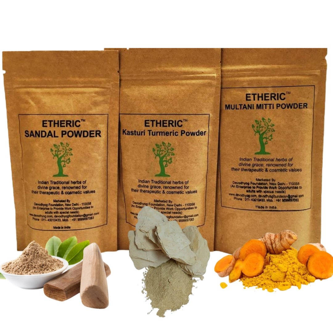 Etheric Glowing Skin Pack (Sandal+Kasturi Turmeric+Multani Mitti) For making skin fair, Acne treatment II Wrinkle Removal II Reduce Blemishes (3 X100  Grams)