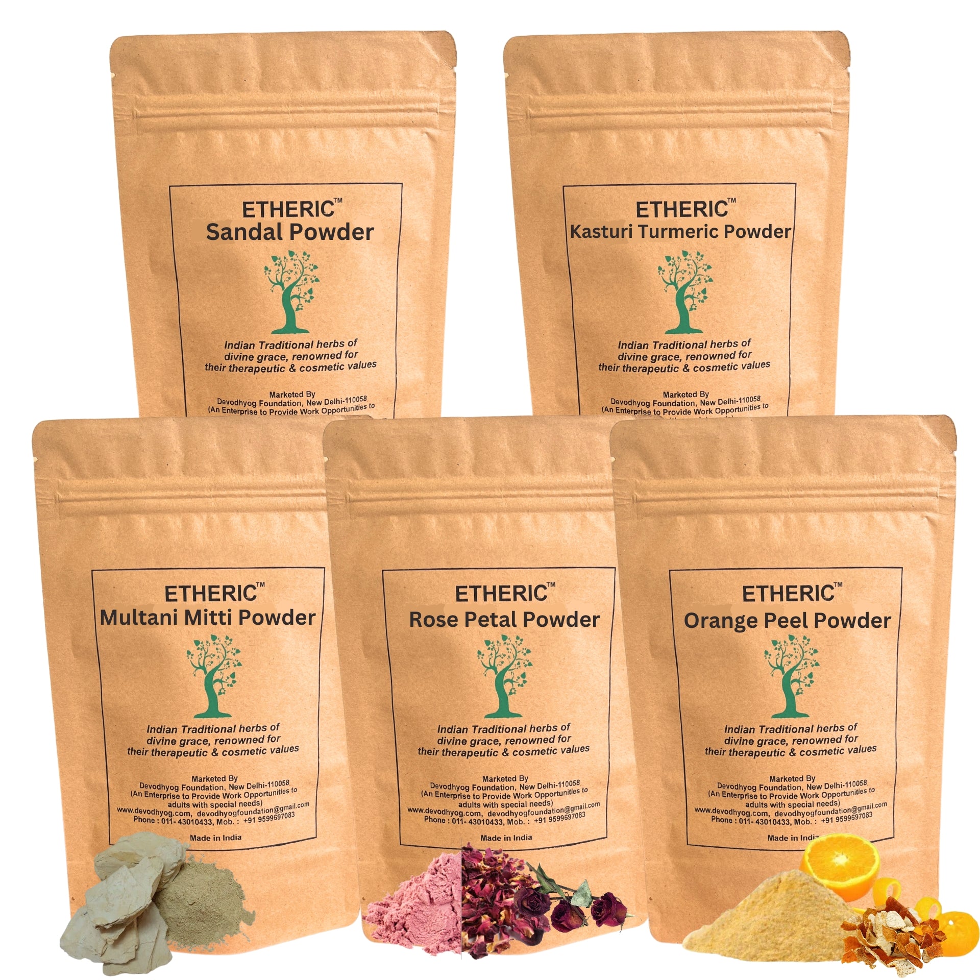 DIY FACE PACK / MASK by  ETHERIC  (Combo Pack of Sandal ,Rose Petal,  Orange Peel , Kasturi Turmeric &  Multani Mitti Powder  -(5x75 Grams)