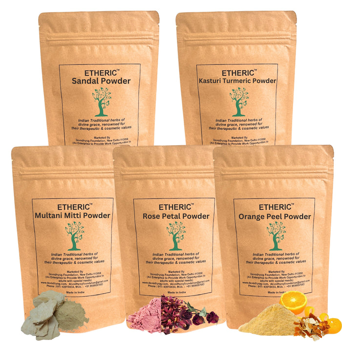 ETHERIC 5-in-1 Ayurvedic DIY Face Pack Kit – Sandal, Rose, Orange Peel, Kasturi Turmeric & Multani Mitti (5 x 75g)