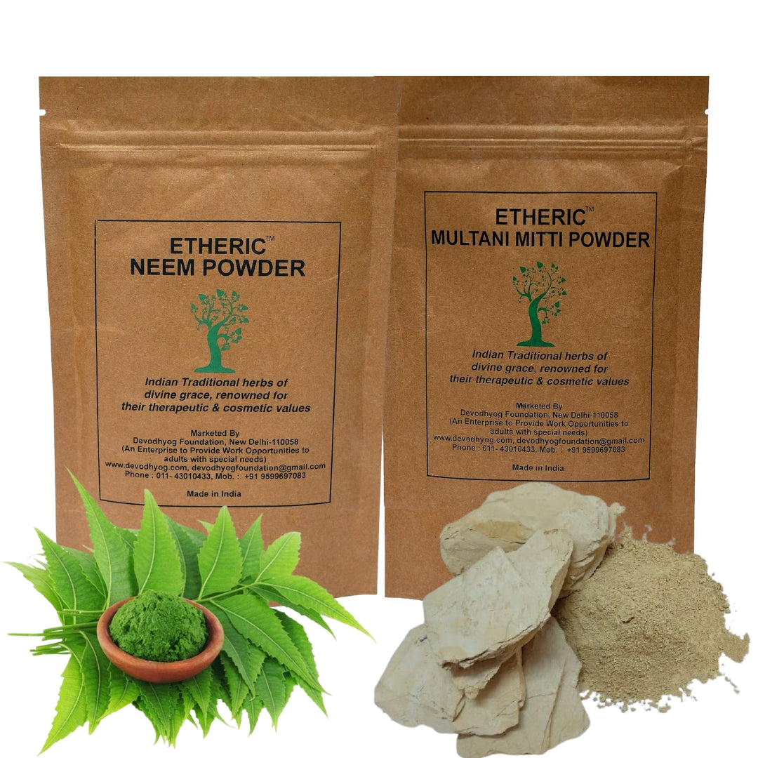 Etheric Neem Powder & Multani Mitti Powder for Skin Tanning, SunBurn & Ghamoriya (100X2 gm)