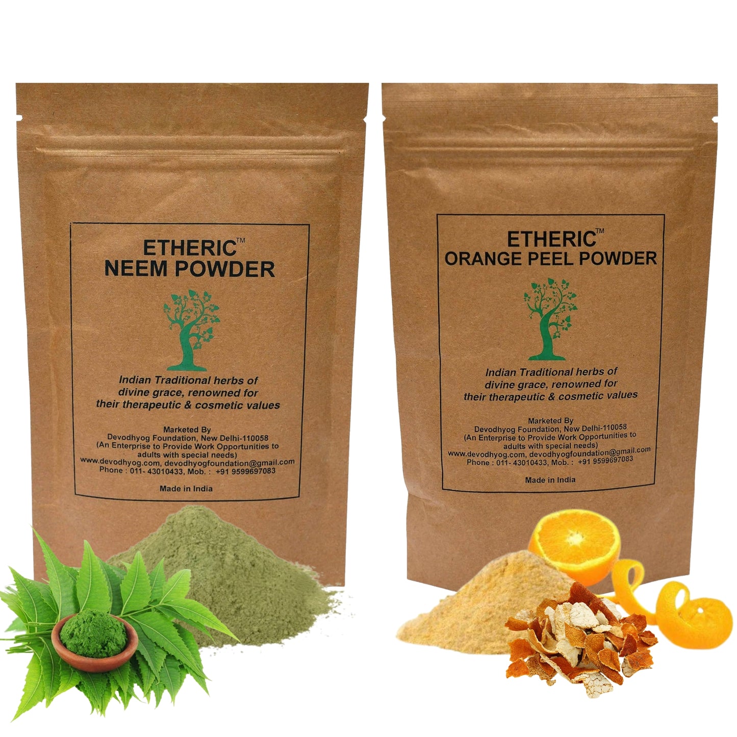 Etheric Neem Powder & Orange Peel Powder Combo – Herbal Face Pack for Clear & Glowing Skin (100g x 2)