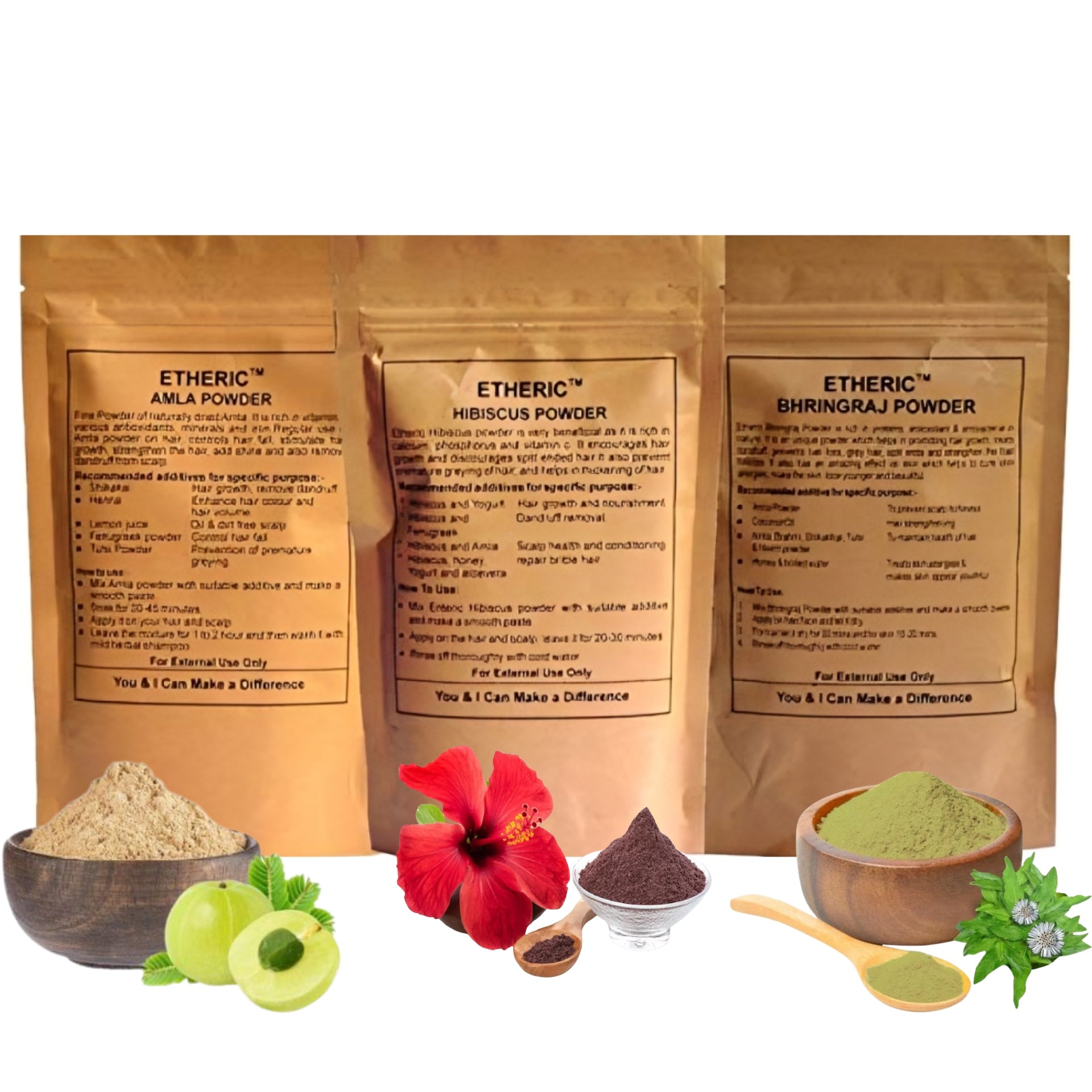 Etheric Amla, Bhringraj & Hibiscus Powder Combo Pack for Hair Strength & Hair Growth (75X3 g)