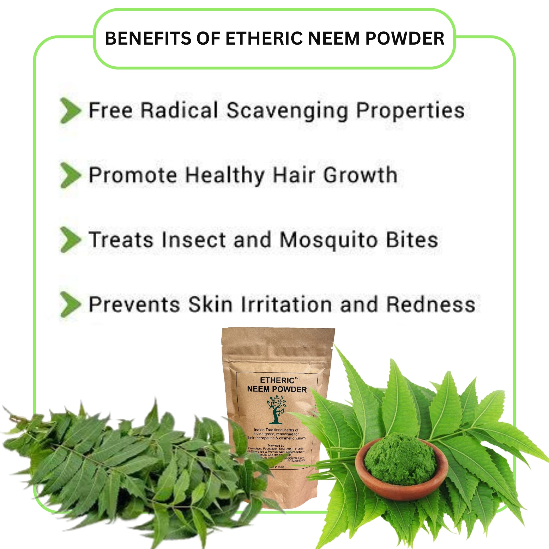 Etheric Neem Powder for Face Pack (150 Grams), Skin, Hair | Anti-Pimple and Anti-Bacterial | 100% Pure and Natural | No Chemical, No preservative | Paraben Free