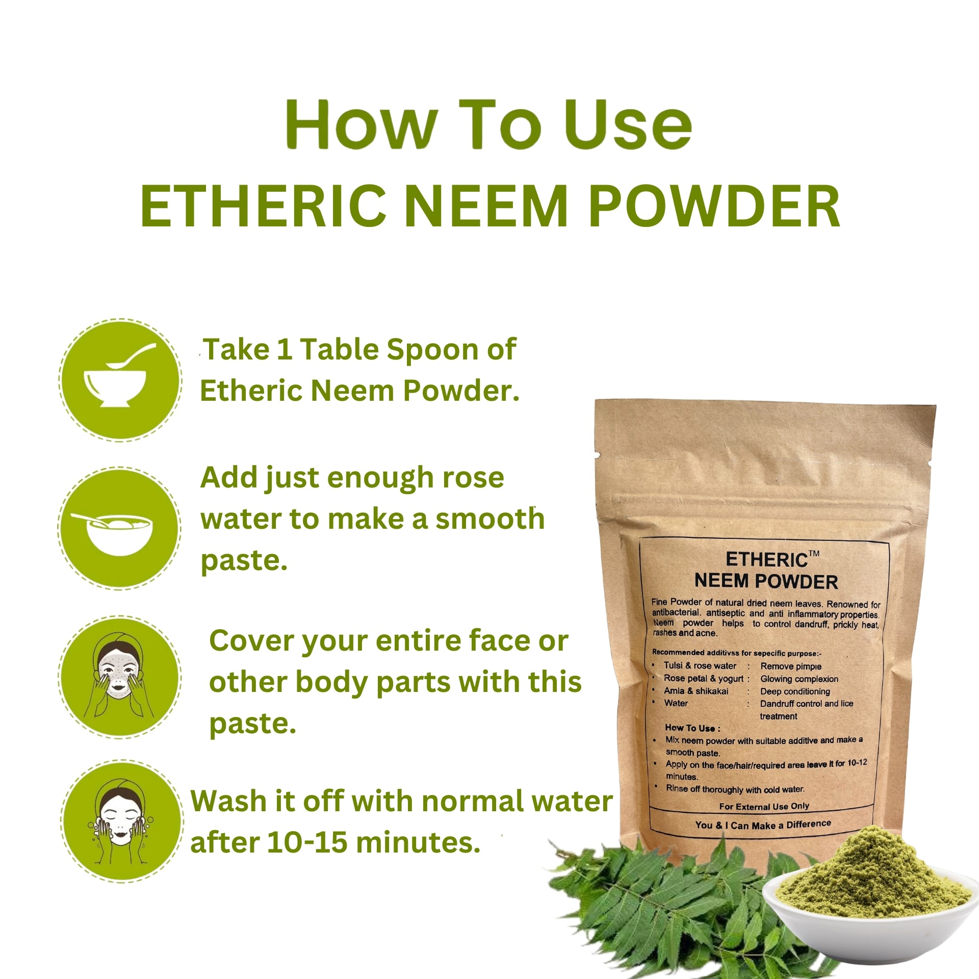 Etheric Neem Powder for Face Pack (150 Grams), Skin, Hair | Anti-Pimple and Anti-Bacterial | 100% Pure and Natural | No Chemical, No preservative | Paraben Free