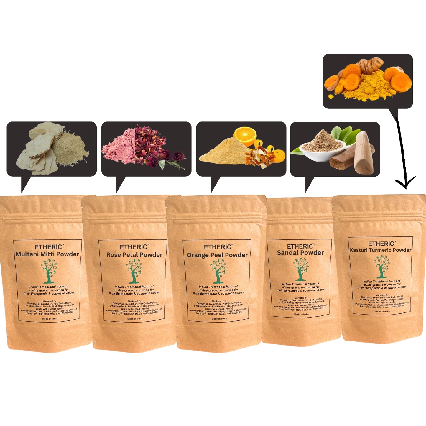 Etheric DIY Face Pack Combo – Sandal, Rose, Orange Peel & Kasturi Turmeric Mask Kit