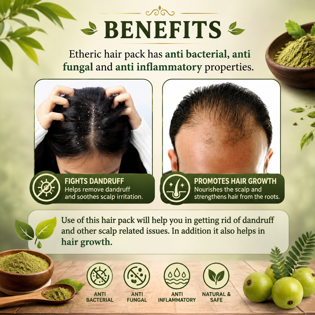 ETHERIC Anti-Dandruff Herbal Hair Pack Powder – Hair Fall Control & Scalp Care