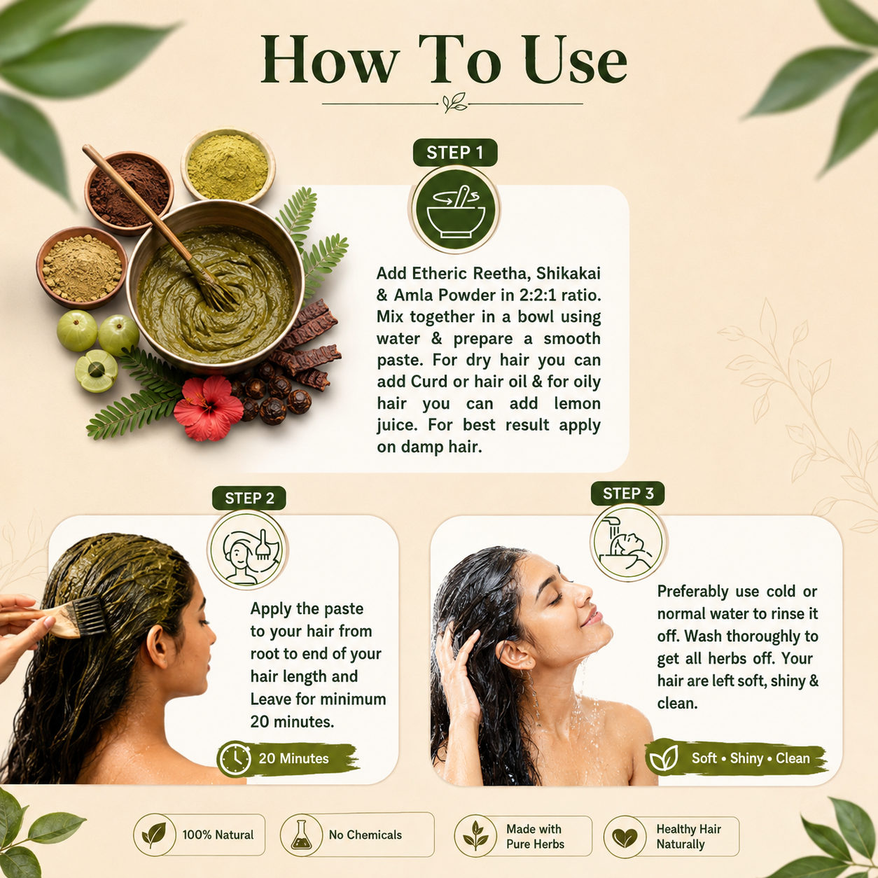 ETHERIC 3-in-1 Amla, Reetha & Shikakai Pbo owder Combo– Organic Herbal Hair Wash & Growth Kit (300g)