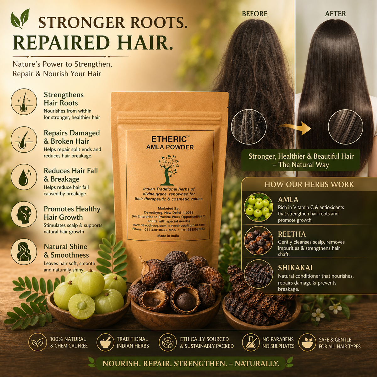 ETHERIC 3-in-1 Amla, Reetha & Shikakai Pbo owder Combo– Organic Herbal Hair Wash & Growth Kit (300g)