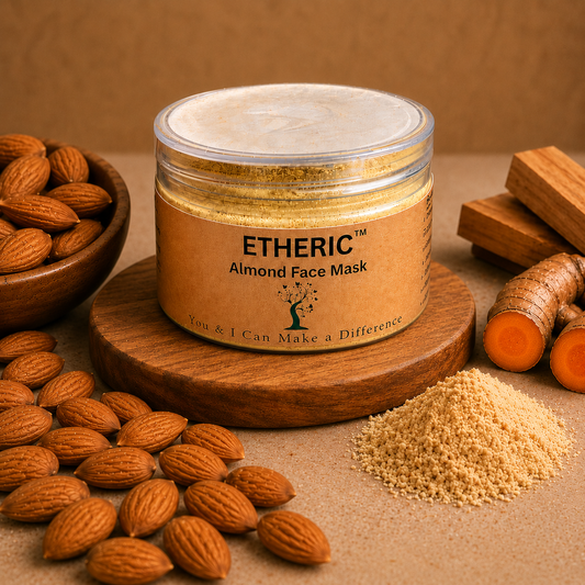 ETHERIC Almond Face Mask Powder | Natural Herbal Face pack for Glowing Skin | Skin Brightening, Tan Removal & Gentle Exfoliation | Face Pack with Almond, Sandalwood & Kasturi Turmeric | 100g
