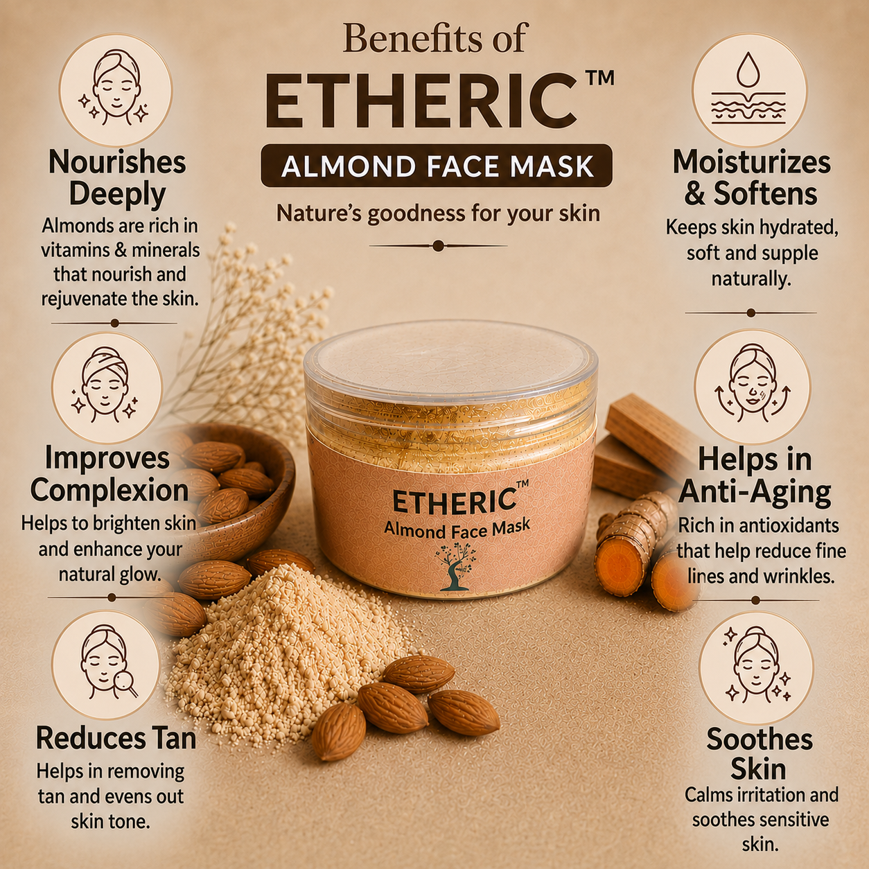 ETHERIC Almond Face Mask Powder | Natural Herbal Face pack for Glowing Skin | Skin Brightening, Tan Removal & Gentle Exfoliation | Face Pack with Almond, Sandalwood & Kasturi Turmeric | 100g