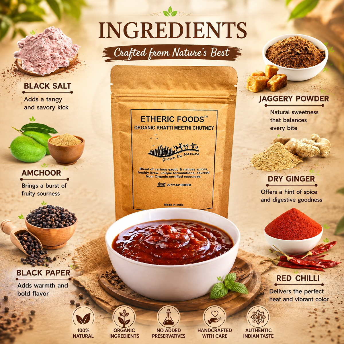 ETHERIC FOODS Instant Khatti Meethi Sonth Chutney Powder – Old Delhi Street-Style Chaat Mix (100g)