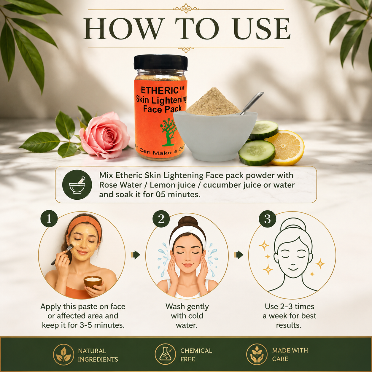 Etheric skin lightening face pack for fair, smooth , blemish free skin with anti aging and anti Tanning properties.
