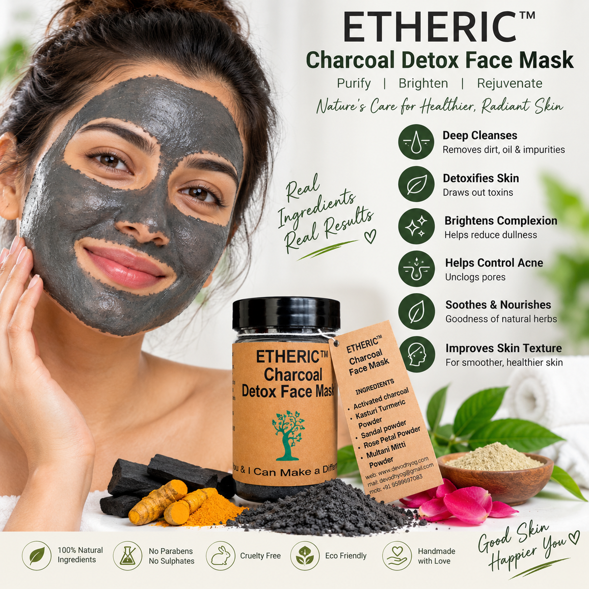 ETHERIC Activated Charcoal Detox Face Mask Powder – For Acne, Blackheads & Pore Cleansing
