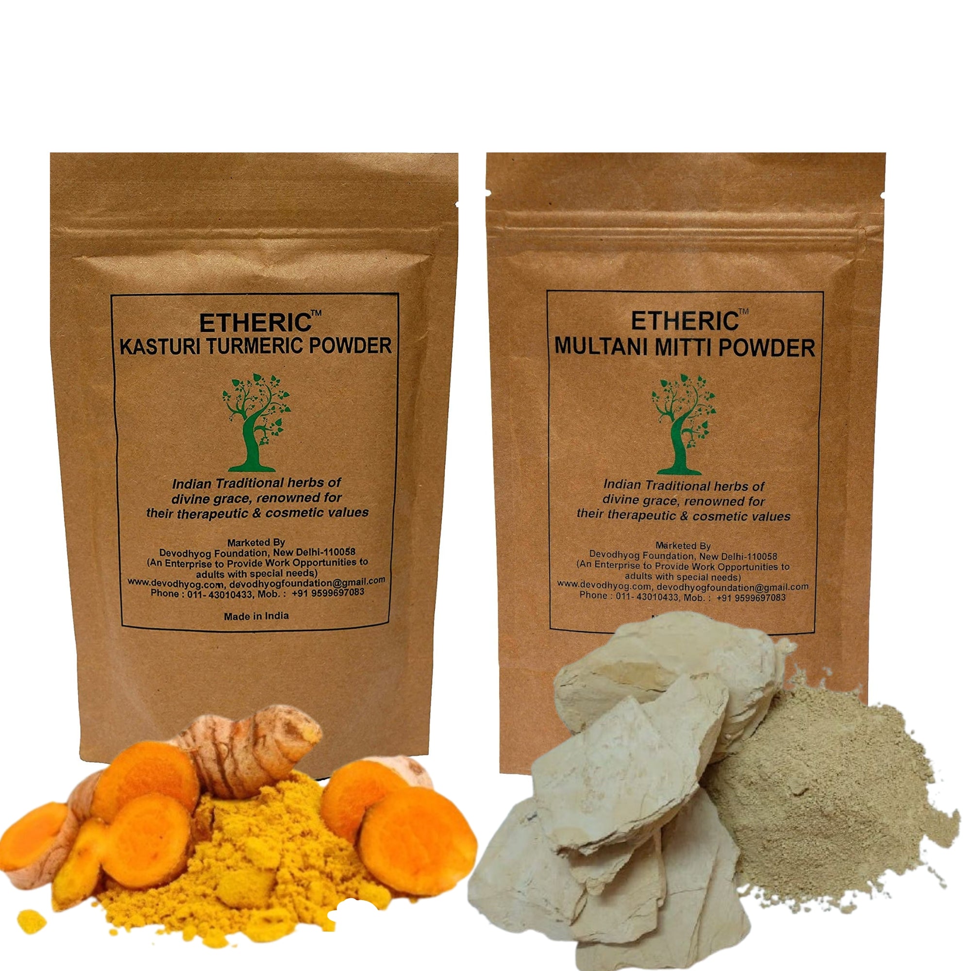 Etheric Kasturi Turmeric & Multani Mitti Powder For  Skin Whitening  & Face Pack  ( 2x100 Grams)