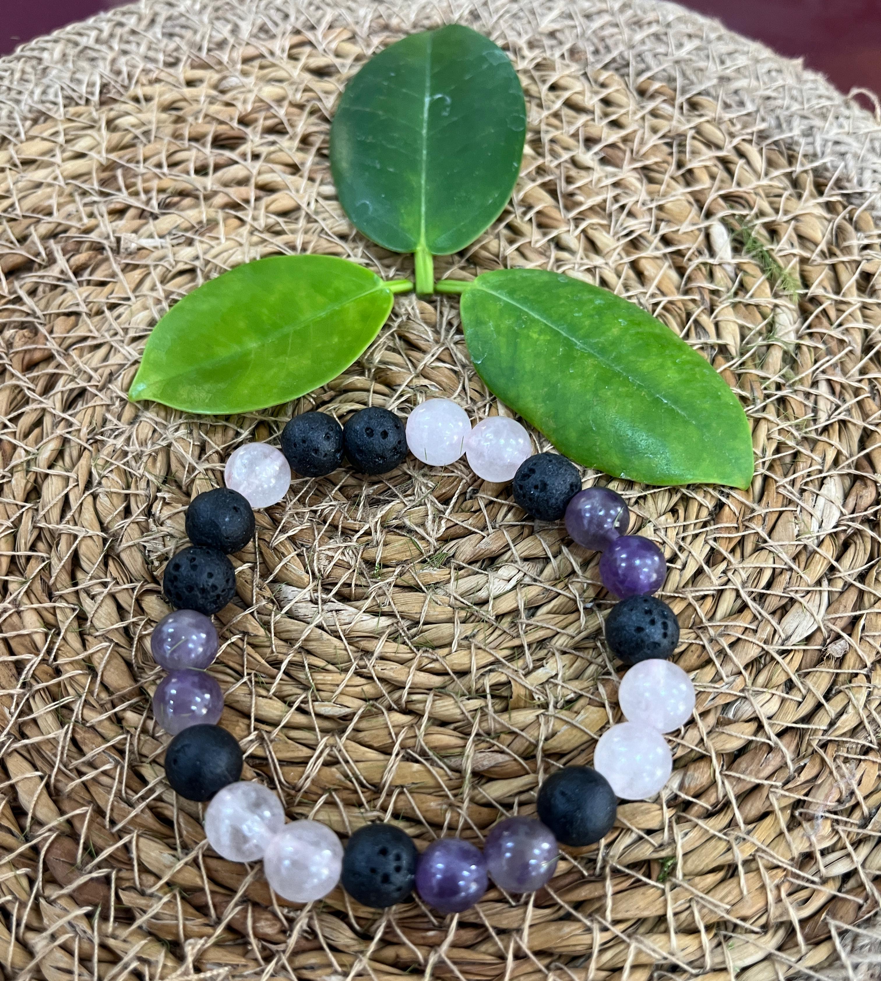 Etheric Jewels Healing Bracelet for Self love, Emotional stability, Rest full Sleep, stress and sens of Stability with Lava, Rose Quartz and Amethyst (Free Shipping)