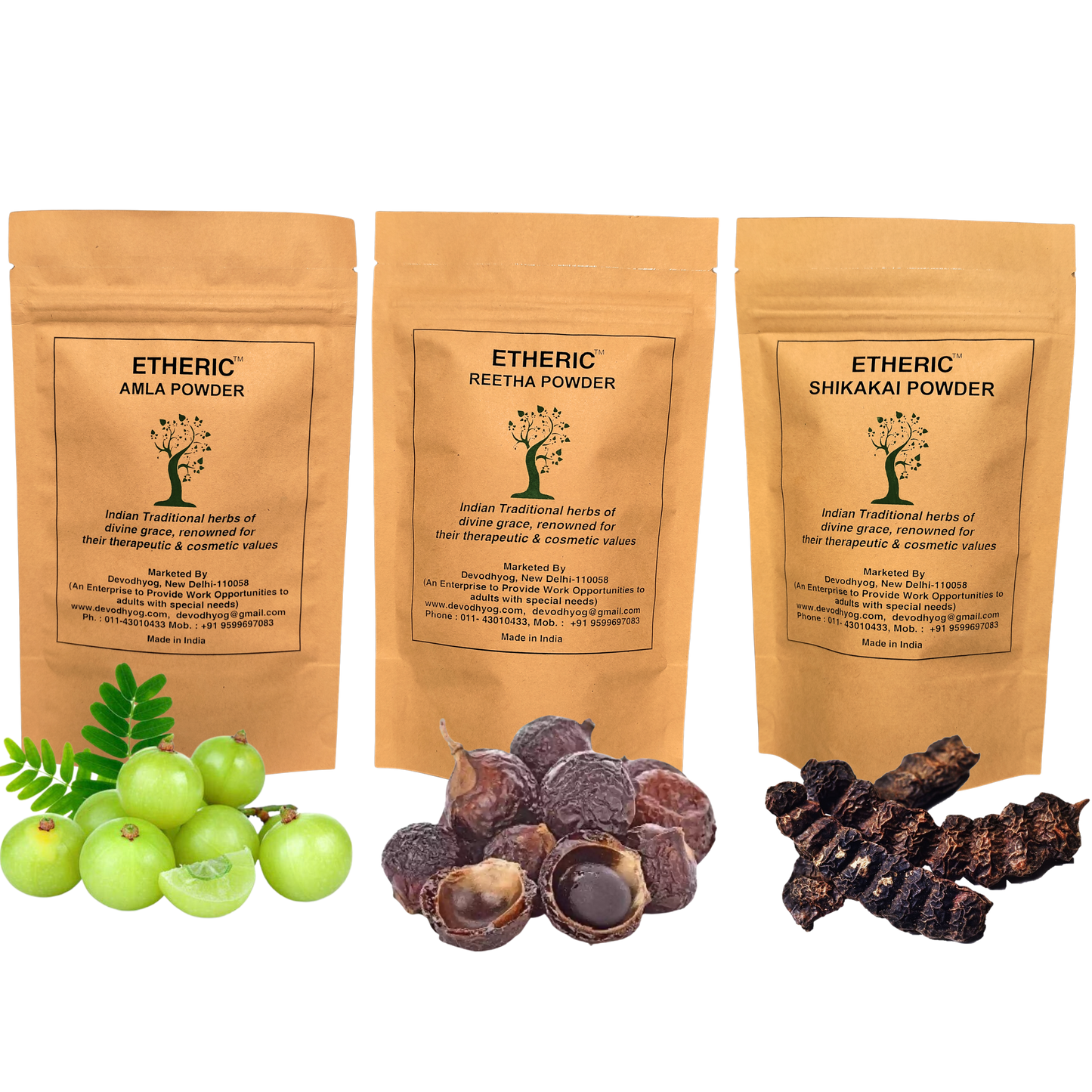 Etheric Amla Reetha Shikakai Powder Combo Pack for Hair Growth & Wash | 100% Organic, Pure & Natural Hair Treatment | Natural Shampoo for Hair Fall Control & Dandruff (Set of 3)