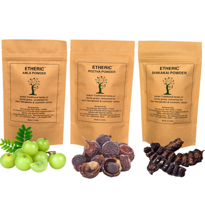 Etheric Amla Reetha Shikakai Powder Combo – Organic Herbal Hair Wash & Hair Growth Pack