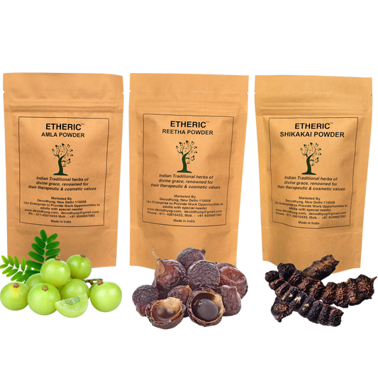 Etheric Amla Reetha Shikakai Powder Combo Pack for Hair Growth & Wash | 100% Organic, Pure & Natural Hair Treatment | Natural Shampoo for Hair Fall Control & Dandruff (Set of 3)