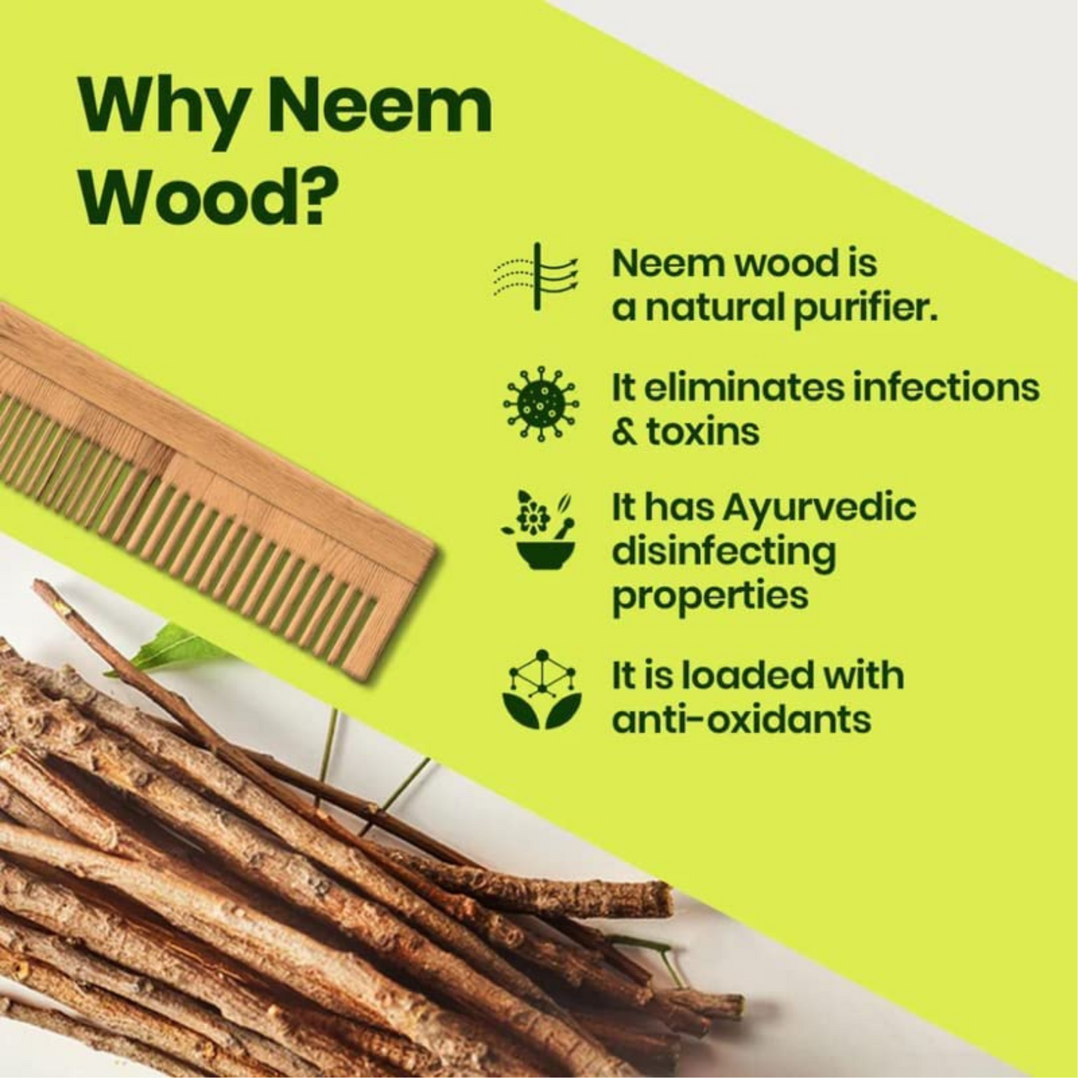 Etheric Pure Neem Wooden Comb -For Multi-Actions - Detangling, Frizz Control & Shine Suited For All Hair Types (Fine  Tooth) with Handle