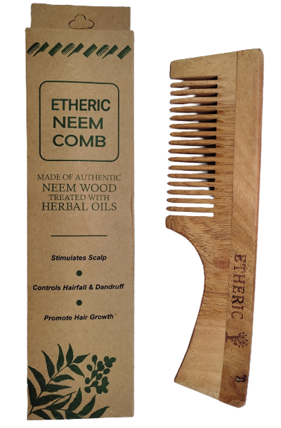 Etheric Pure Neem Wooden Comb -For Multi-Actions - Detangling, Frizz Control & Shine Suited For All Hair Types (Fine  Tooth) with Handle