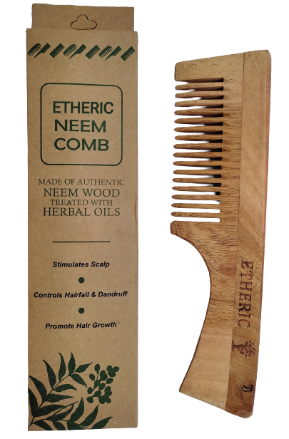 Etheric Pure Neem Wooden Comb -For Multi-Actions - Detangling, Frizz Control & Shine Suited For All Hair Types (Fine  Tooth) with Handle
